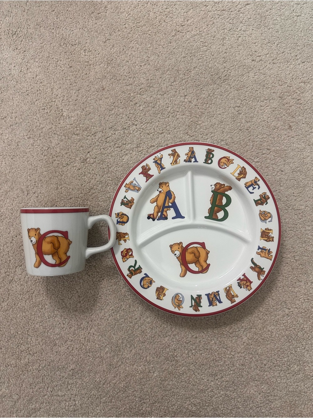 Vintage Tiffany & Co. Children's ABC Bear Plate and Mug Set - White and Red